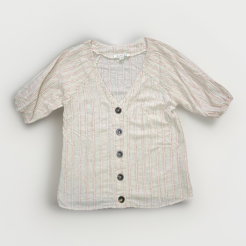 Harper Brand‎ Women's Tan Beige Button Front Shirt Blouse Cotton Linen Size XS